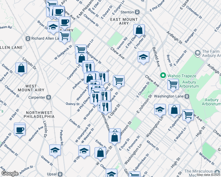 map of restaurants, bars, coffee shops, grocery stores, and more near 95 Montana Street in Philadelphia