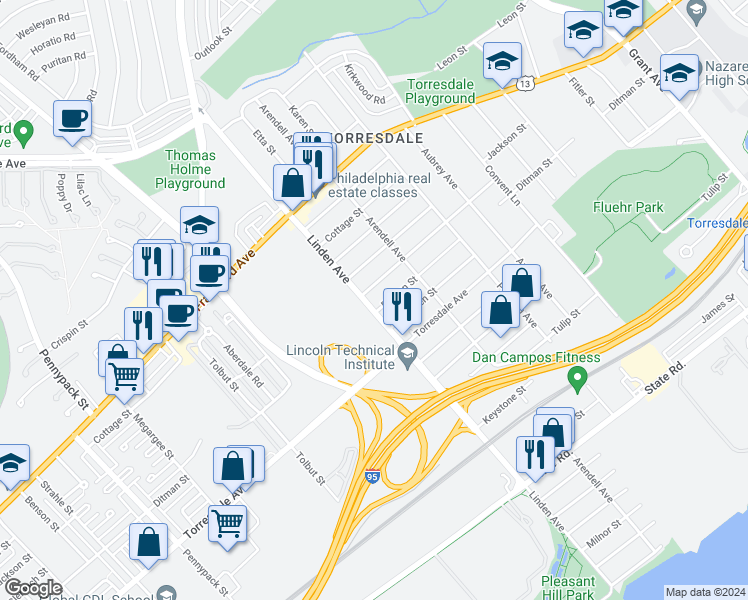 map of restaurants, bars, coffee shops, grocery stores, and more near 4529 Linden Avenue in Philadelphia