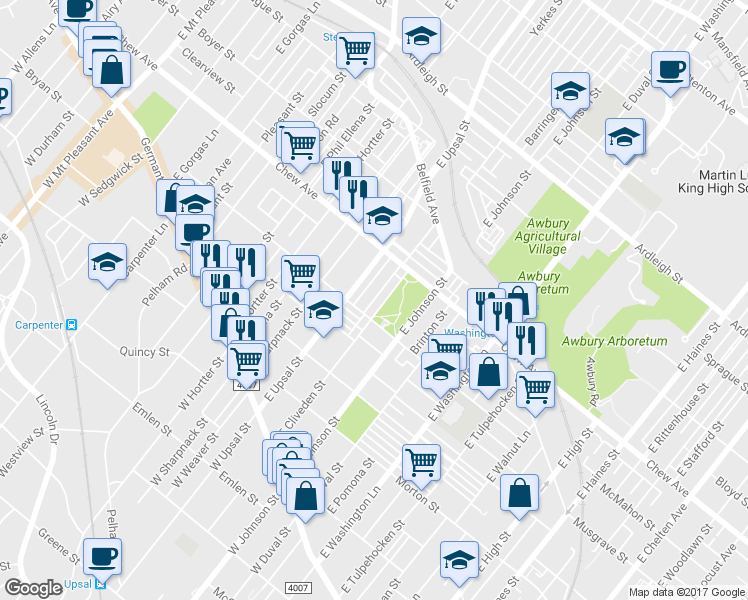 map of restaurants, bars, coffee shops, grocery stores, and more near 323 East Cliveden Street in Philadelphia