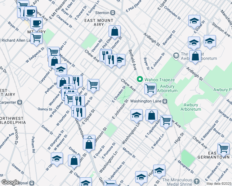 map of restaurants, bars, coffee shops, grocery stores, and more near 323 East Cliveden Street in Philadelphia