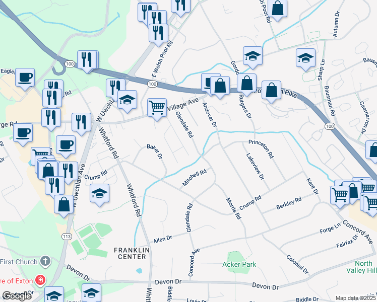 map of restaurants, bars, coffee shops, grocery stores, and more near 420 Village Walk in Exton