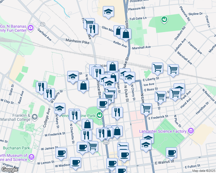 map of restaurants, bars, coffee shops, grocery stores, and more near 12 West Liberty Street in Lancaster