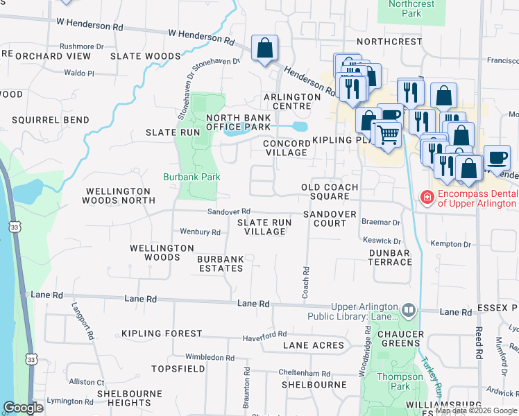 map of restaurants, bars, coffee shops, grocery stores, and more near 2261 Sandover Road in Columbus