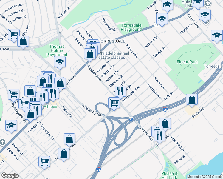 map of restaurants, bars, coffee shops, grocery stores, and more near 4529 Linden Avenue in Philadelphia
