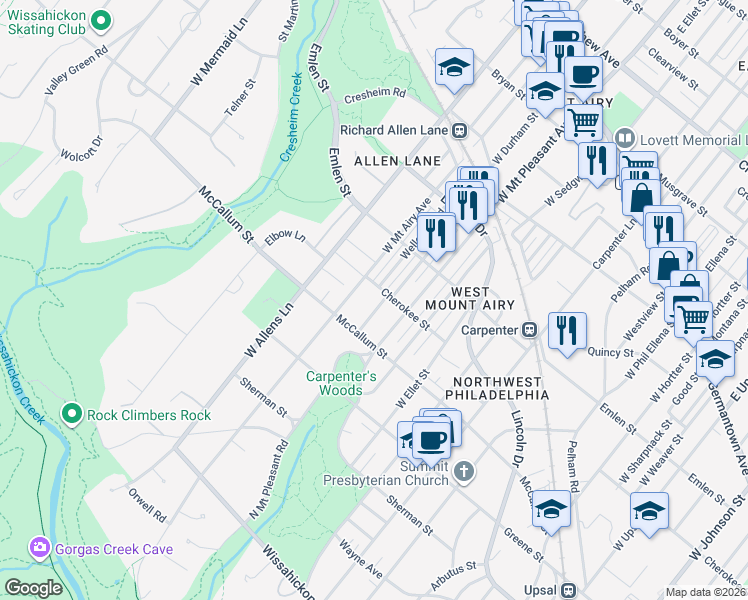 map of restaurants, bars, coffee shops, grocery stores, and more near 507 Wellesley Road in Philadelphia