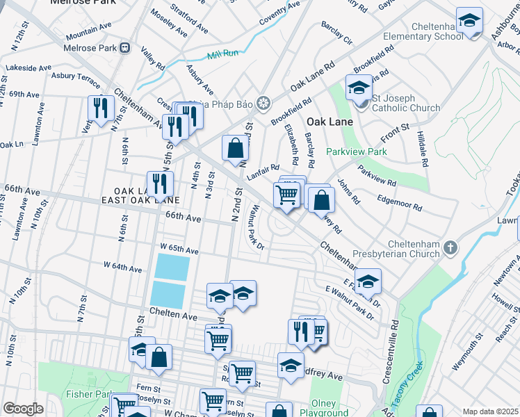 map of restaurants, bars, coffee shops, grocery stores, and more near 6579 Walnut Park Drive in Philadelphia