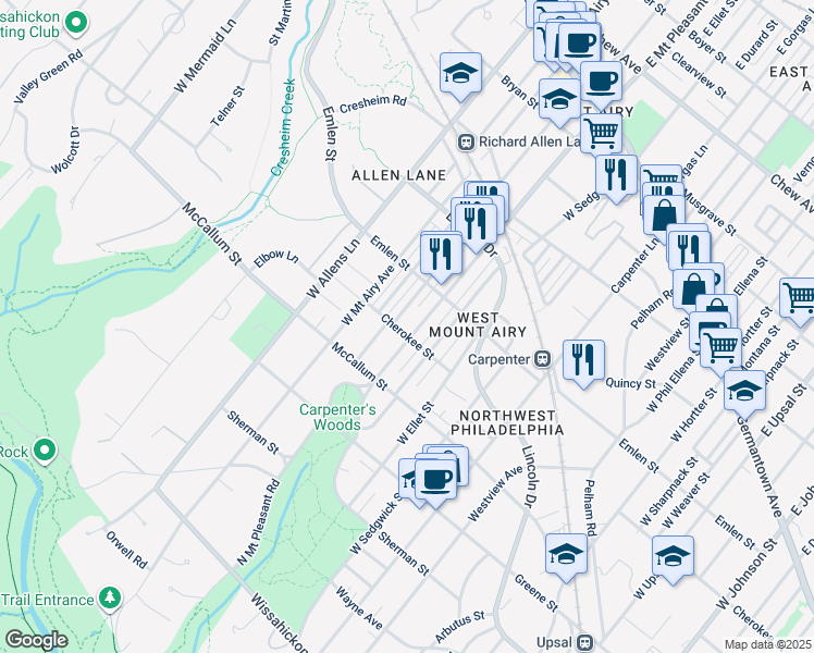 map of restaurants, bars, coffee shops, grocery stores, and more near 7109 Cherokee Street in Philadelphia