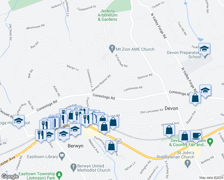 map of restaurants, bars, coffee shops, grocery stores, and more near 411 Conestoga Road in Devon