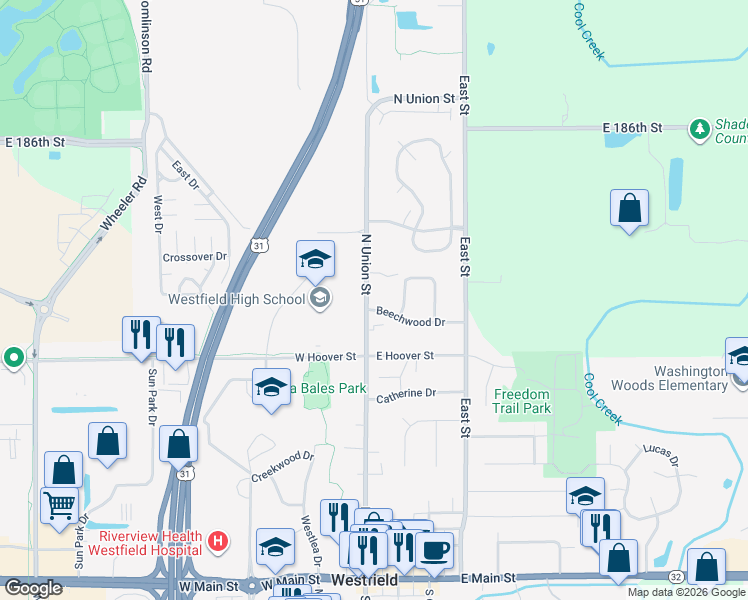 map of restaurants, bars, coffee shops, grocery stores, and more near 118 Beechwood Drive in Westfield
