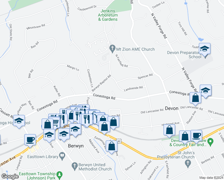 map of restaurants, bars, coffee shops, grocery stores, and more near 411 West Conestoga Road in Devon
