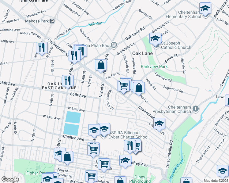 map of restaurants, bars, coffee shops, grocery stores, and more near 146 West Cheltenham Avenue in Philadelphia