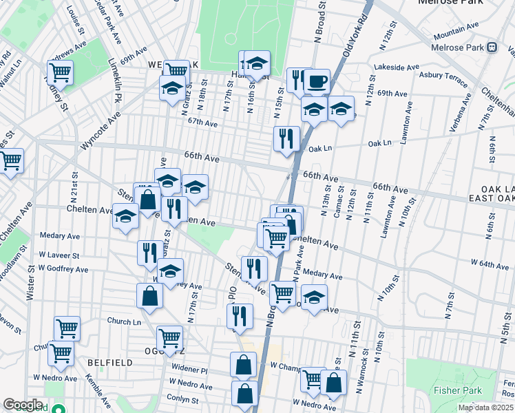 map of restaurants, bars, coffee shops, grocery stores, and more near 6444 North 15th Street in Philadelphia