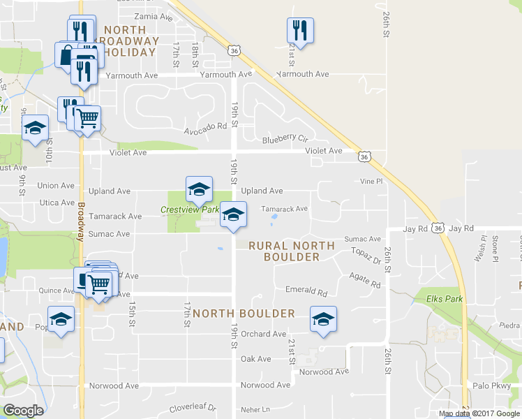 map of restaurants, bars, coffee shops, grocery stores, and more near 2020 Tamarack Avenue in Boulder