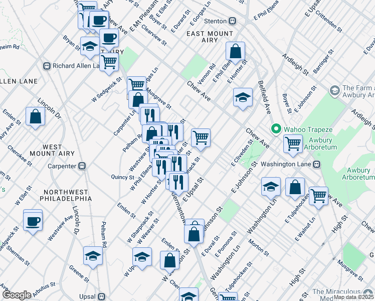 map of restaurants, bars, coffee shops, grocery stores, and more near 93 Montana Street in Philadelphia