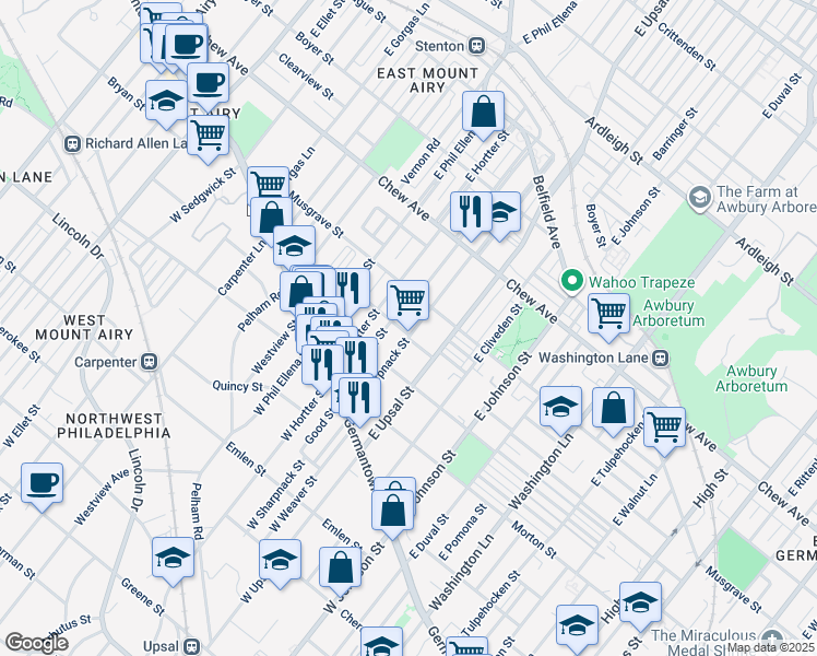 map of restaurants, bars, coffee shops, grocery stores, and more near 6605 Ross Street in Philadelphia