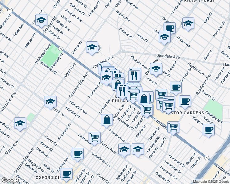 map of restaurants, bars, coffee shops, grocery stores, and more near 7281 Loretto Avenue in Philadelphia