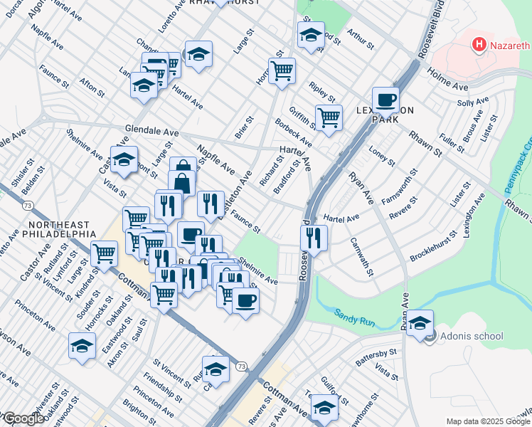 map of restaurants, bars, coffee shops, grocery stores, and more near 7621 Bradford Street in Philadelphia