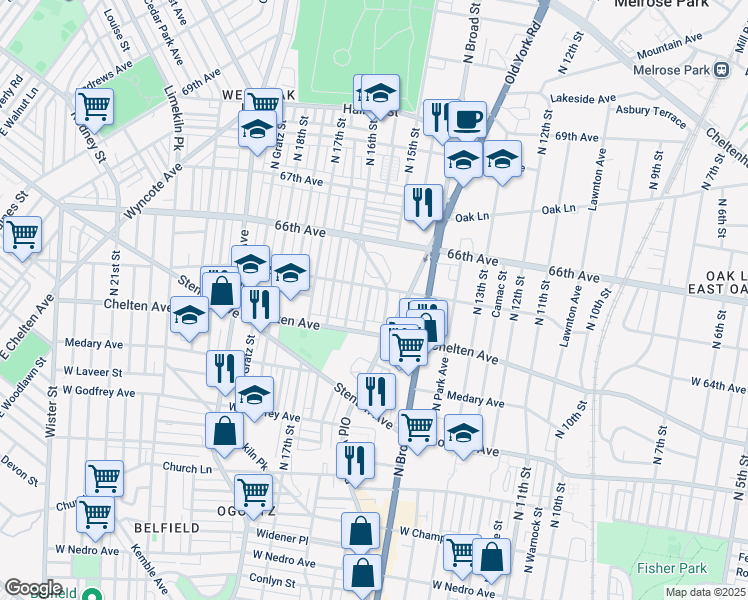 map of restaurants, bars, coffee shops, grocery stores, and more near 6445 North Sydenham Street in Philadelphia