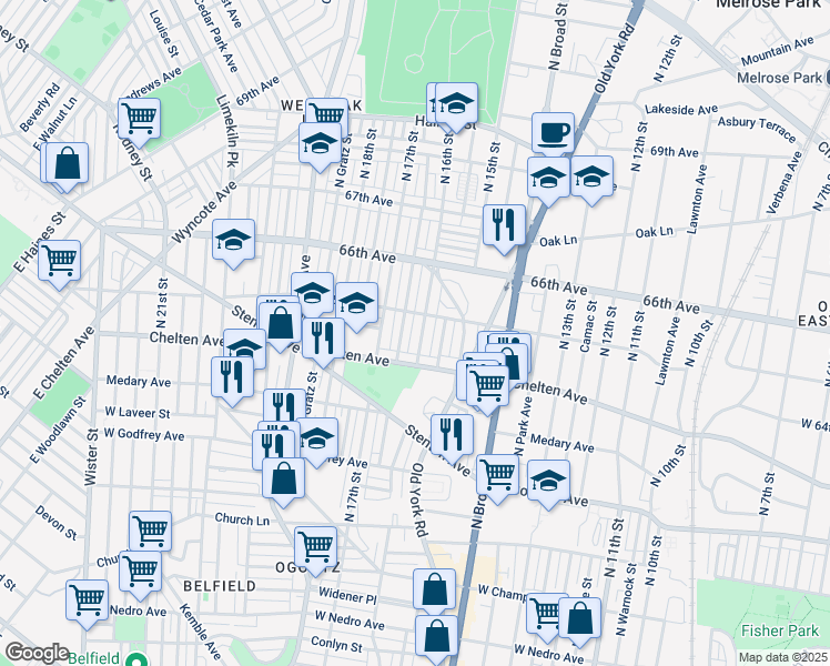 map of restaurants, bars, coffee shops, grocery stores, and more near 6438 North 16th Street in Philadelphia
