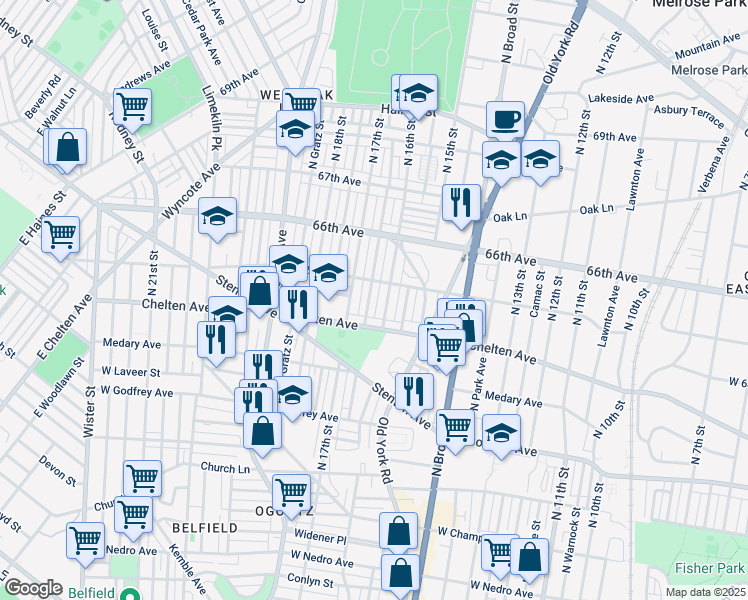 map of restaurants, bars, coffee shops, grocery stores, and more near 6439 North Smedley Street in Philadelphia