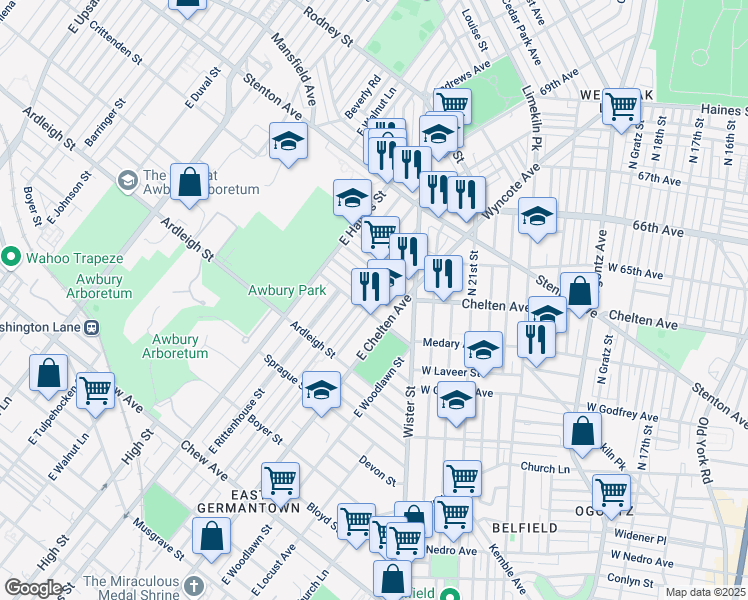 map of restaurants, bars, coffee shops, grocery stores, and more near 1217 East Stafford Street in Philadelphia