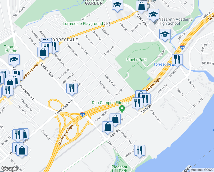 map of restaurants, bars, coffee shops, grocery stores, and more near 10024 Hegerman Street in Philadelphia