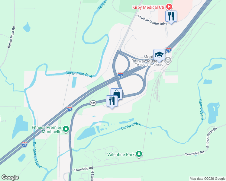 map of restaurants, bars, coffee shops, grocery stores, and more near 939 Troy Phillips Road in Monticello