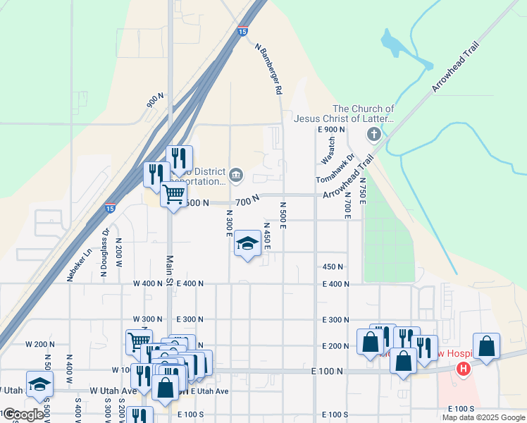 map of restaurants, bars, coffee shops, grocery stores, and more near 435 East 600 North in Payson