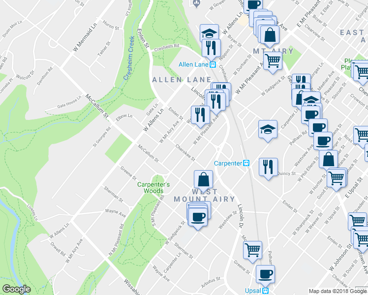 map of restaurants, bars, coffee shops, grocery stores, and more near 7113 Cherokee Street in Philadelphia