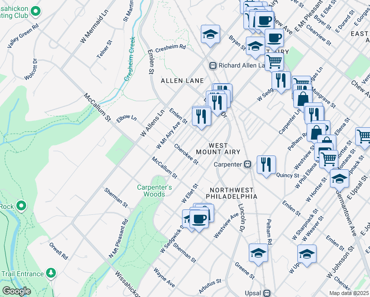 map of restaurants, bars, coffee shops, grocery stores, and more near 7113 Cherokee Street in Philadelphia