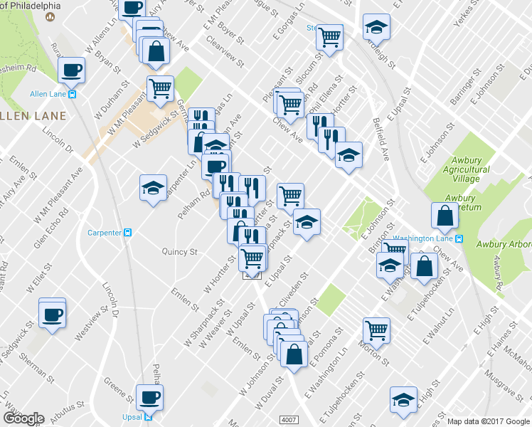 map of restaurants, bars, coffee shops, grocery stores, and more near 70 East Hortter Street in Philadelphia