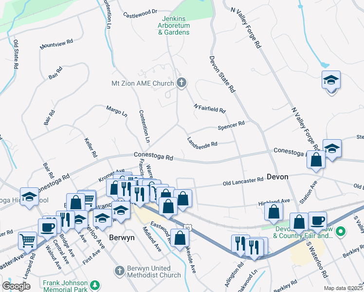 map of restaurants, bars, coffee shops, grocery stores, and more near 411 Conestoga Road in Devon