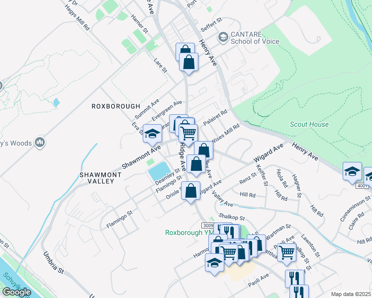 map of restaurants, bars, coffee shops, grocery stores, and more near 7631 Ridge Avenue in Philadelphia