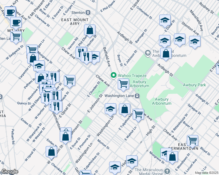 map of restaurants, bars, coffee shops, grocery stores, and more near 542 East Johnson Street in Philadelphia