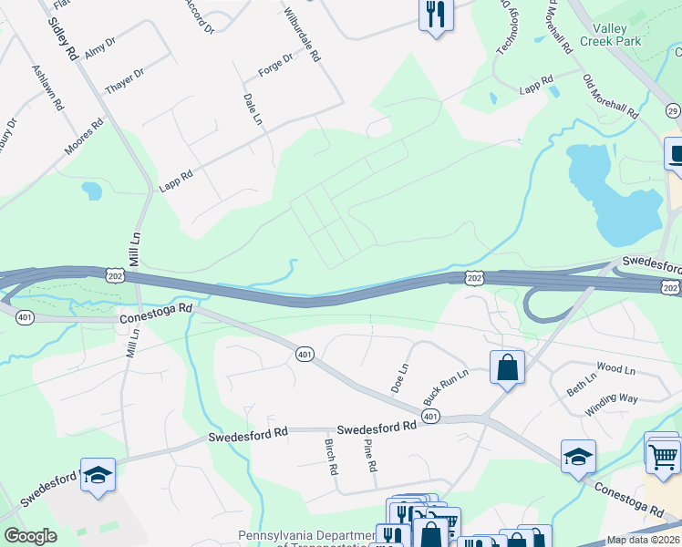map of restaurants, bars, coffee shops, grocery stores, and more near U.S. 202 in Malvern