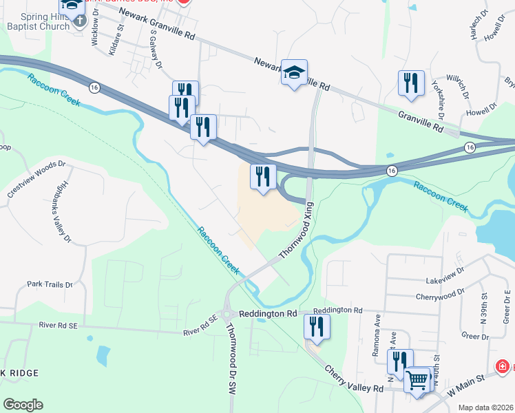 map of restaurants, bars, coffee shops, grocery stores, and more near 2299 Cherry Valley Road Southeast in Newark