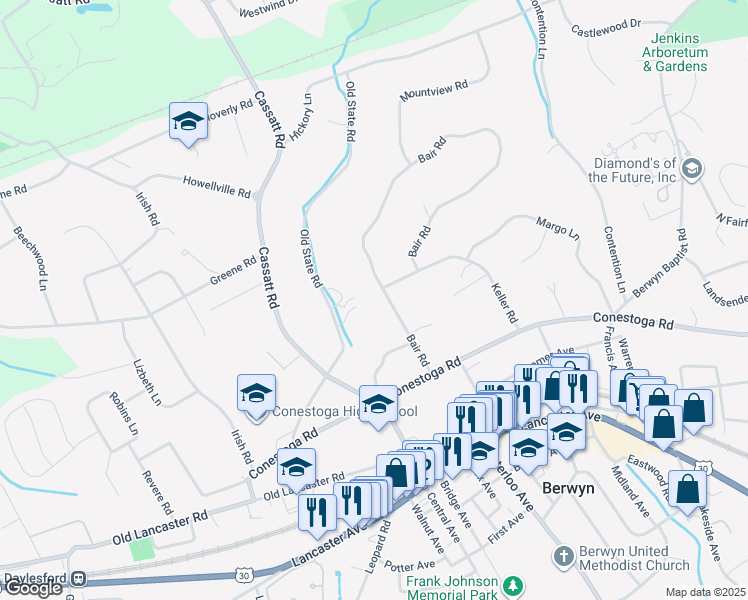 map of restaurants, bars, coffee shops, grocery stores, and more near 866 Old State Road in Berwyn