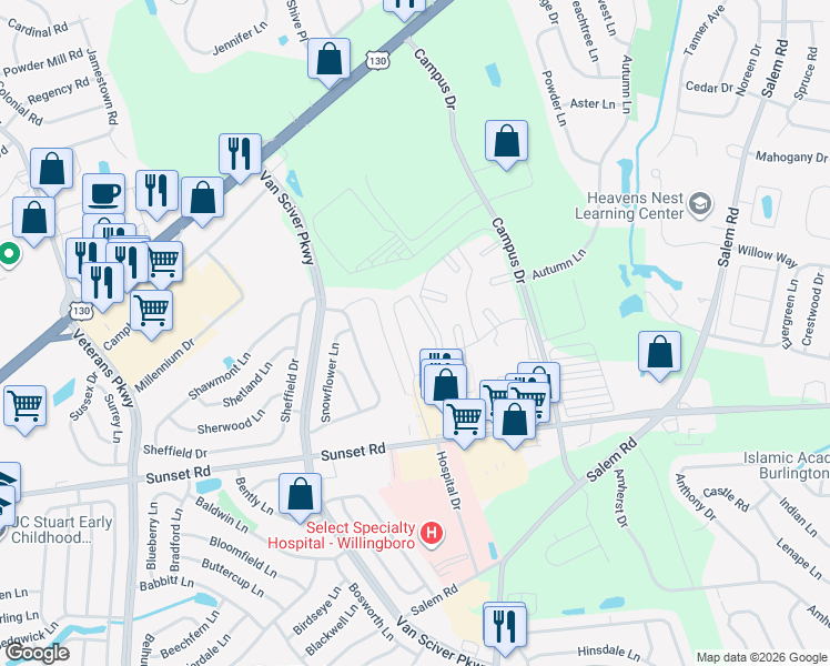 map of restaurants, bars, coffee shops, grocery stores, and more near 35 Sandal Lane in Willingboro