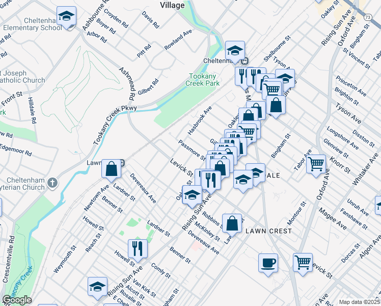map of restaurants, bars, coffee shops, grocery stores, and more near 6427 Shelbourne Street in Philadelphia