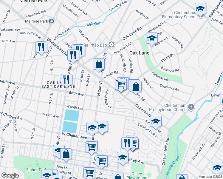 map of restaurants, bars, coffee shops, grocery stores, and more near 146 West Cheltenham Avenue in Philadelphia