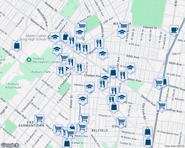map of restaurants, bars, coffee shops, grocery stores, and more near 2034 East Chelten Avenue in Philadelphia