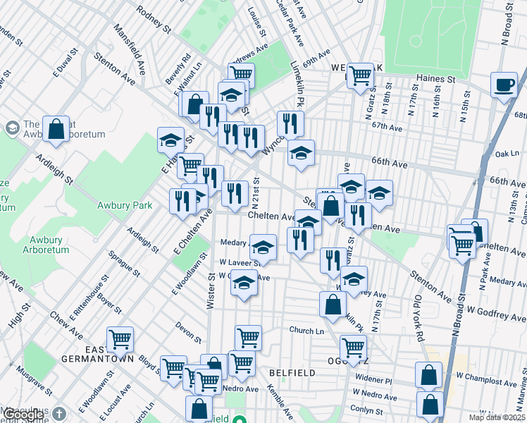 map of restaurants, bars, coffee shops, grocery stores, and more near 2034 East Chelten Avenue in Philadelphia