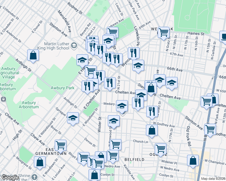 map of restaurants, bars, coffee shops, grocery stores, and more near 6337 North Norwood Street in Philadelphia