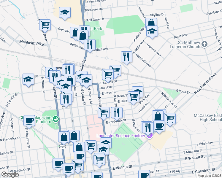 map of restaurants, bars, coffee shops, grocery stores, and more near 252 East Ross Street in Lancaster