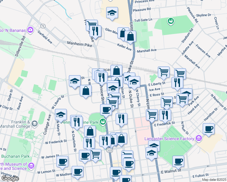 map of restaurants, bars, coffee shops, grocery stores, and more near 853 North Queen Street in Lancaster