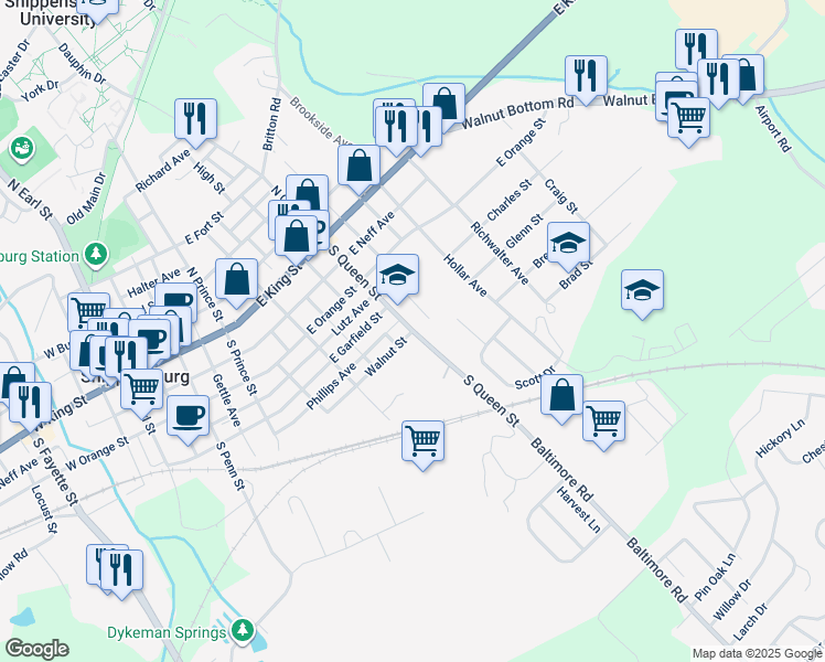 map of restaurants, bars, coffee shops, grocery stores, and more near 334 Walnut Street in Shippensburg