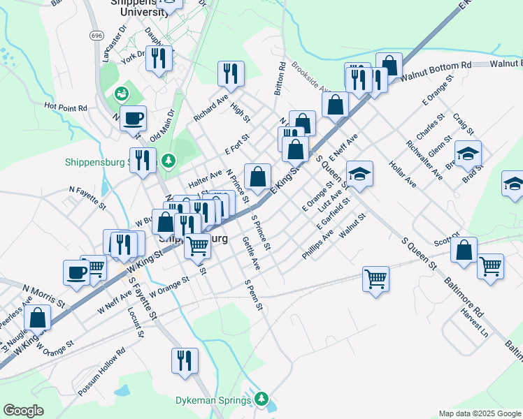 map of restaurants, bars, coffee shops, grocery stores, and more near 212 East King Street in Shippensburg