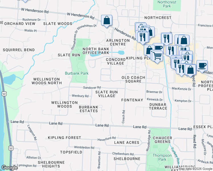 map of restaurants, bars, coffee shops, grocery stores, and more near 2261 Sandover Road in Columbus