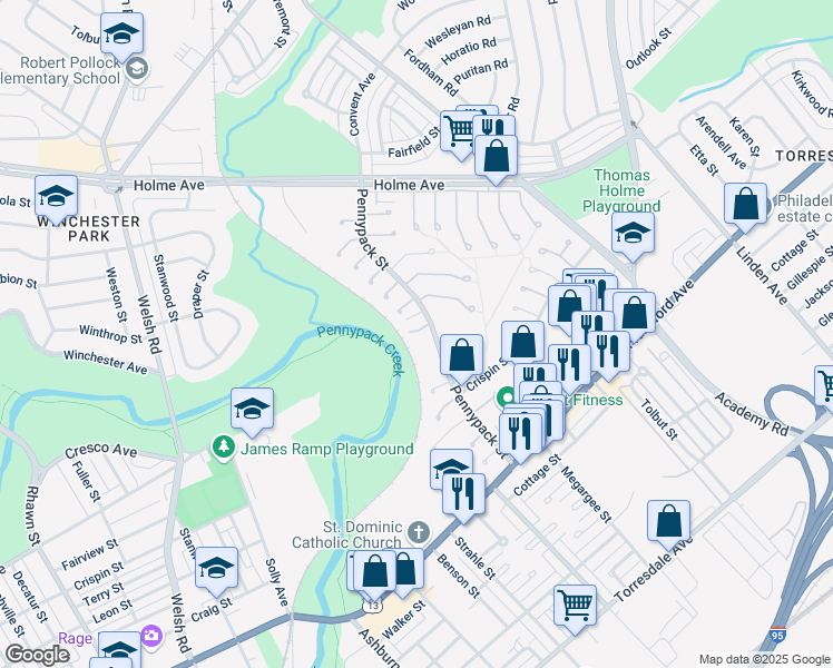 map of restaurants, bars, coffee shops, grocery stores, and more near 8633 Rose Lane in Philadelphia