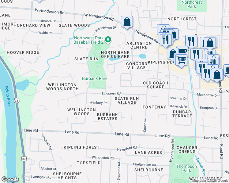 map of restaurants, bars, coffee shops, grocery stores, and more near 4710 Burbank Drive in Columbus